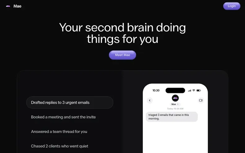 Screenshot of the Mae homepage