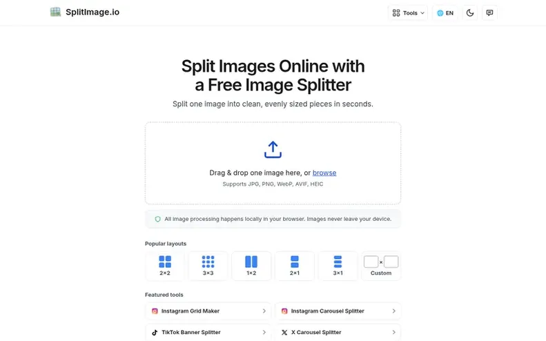 Screenshot of the SplitImage.io homepage