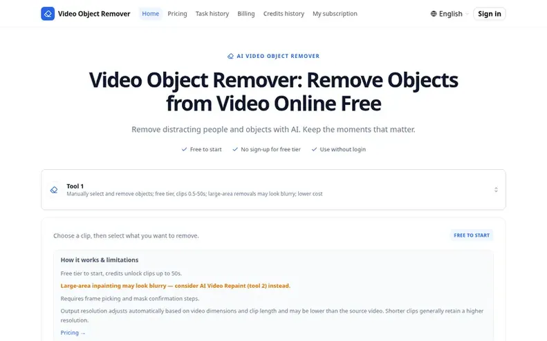 Screenshot of the Video Object Remover homepage