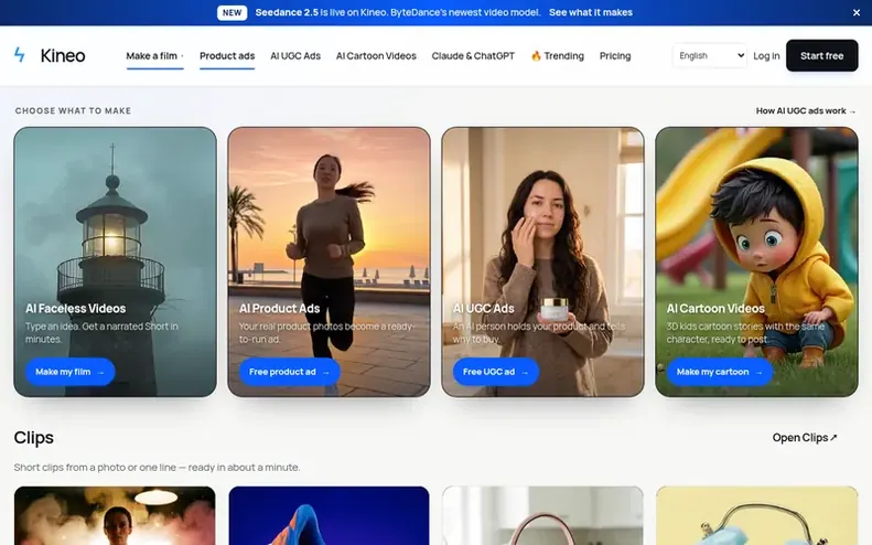Screenshot of the Kineo homepage