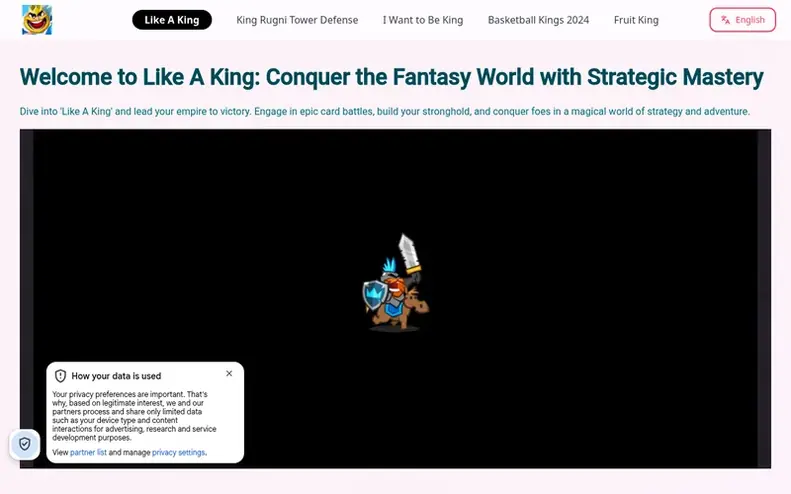 Screenshot of the Like A King homepage