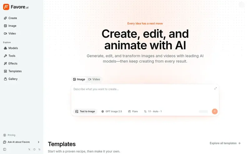 Screenshot of the Favore homepage