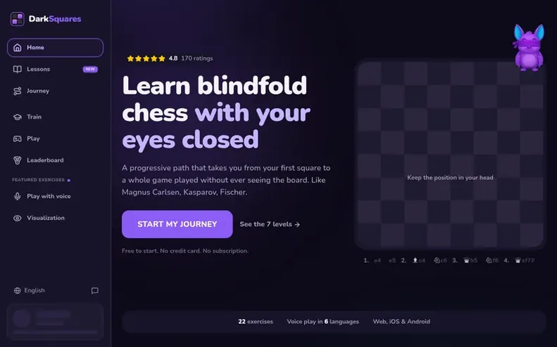 Screenshot of the DarkSquares homepage