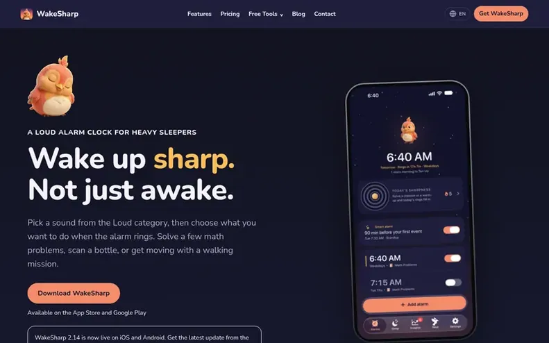 Screenshot of the WakeSharp homepage