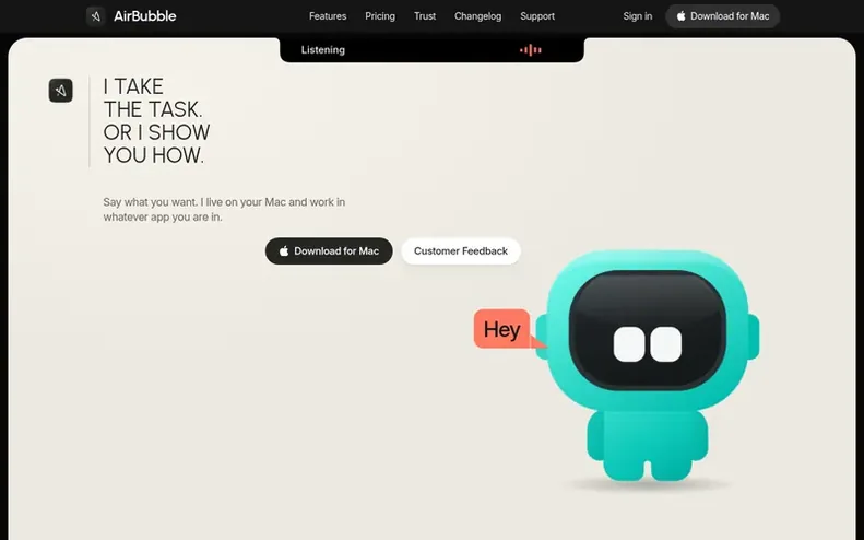 Screenshot of the AirBubble homepage