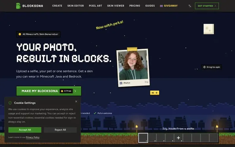 Screenshot of the Blocksona homepage
