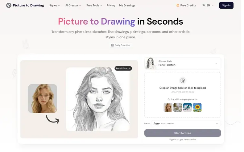 Screenshot of the Picture to Drawing homepage