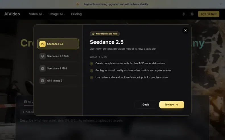 Screenshot of the AIVideo homepage