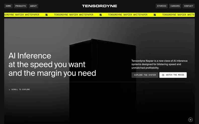 Screenshot of the Tensordyne homepage