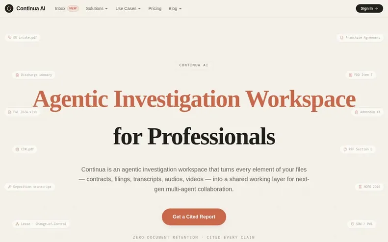 Screenshot of the Continua AI homepage