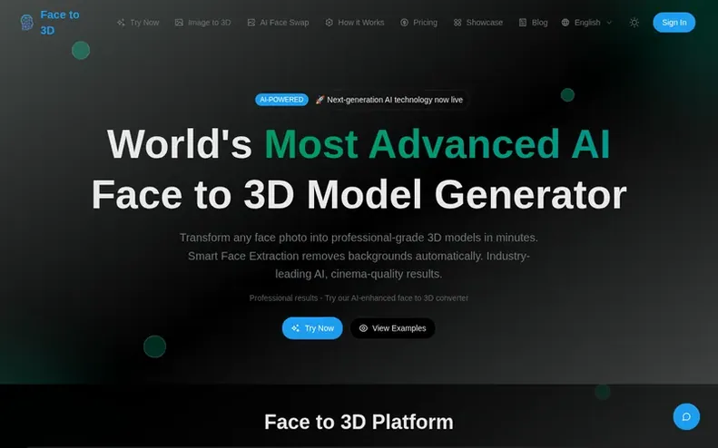 Screenshot of the FaceTo3D homepage