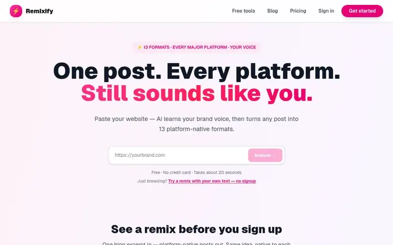 Screenshot of the Remixify homepage