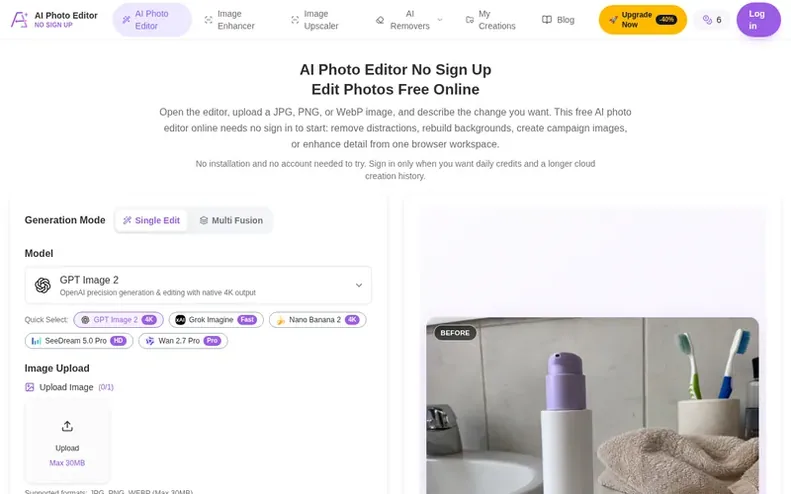 Screenshot of the AI Photo Editor No Sign Up homepage