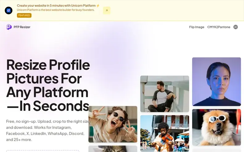 Screenshot of the PFP Resizer homepage