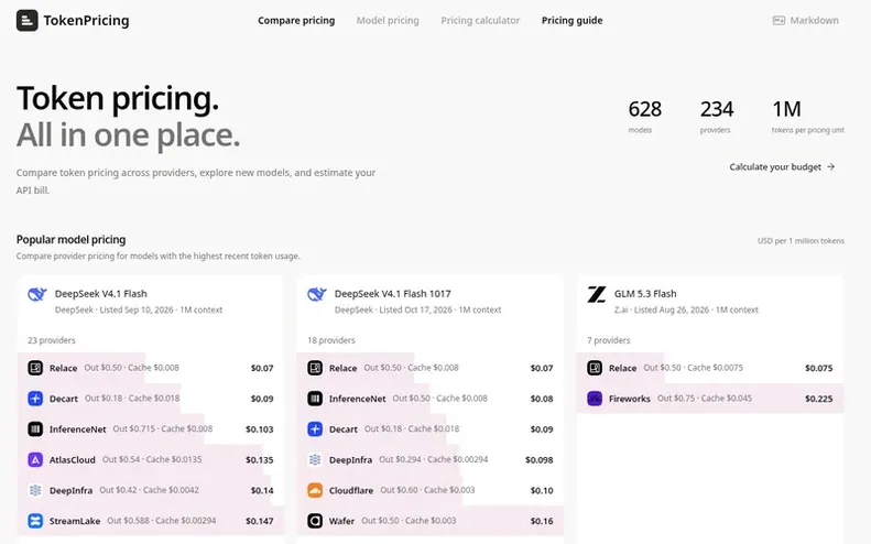 Screenshot of the TokenPricing homepage