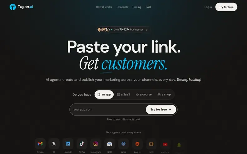 Screenshot of the Tugan.ai homepage