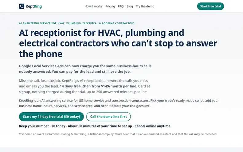 Screenshot of the KeptRing homepage