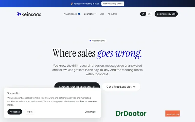 Screenshot of the keinsaas homepage