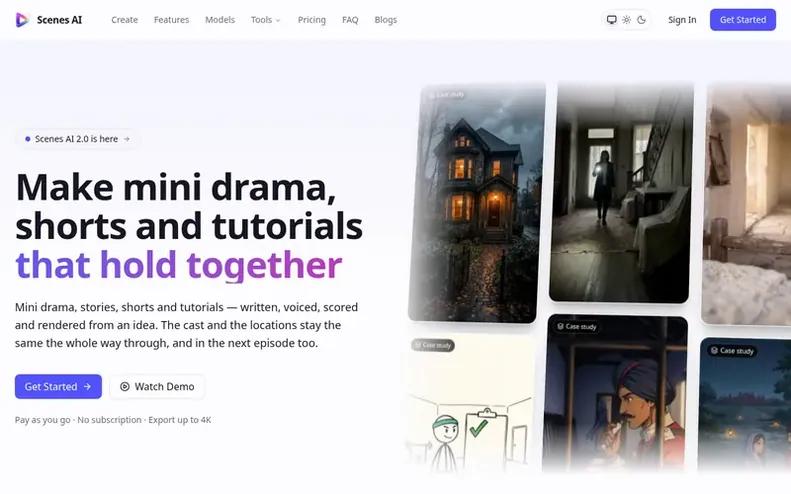 Screenshot of the Scenes AI homepage