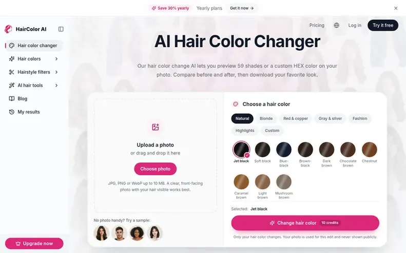 Screenshot of the HairColorChangeAI homepage