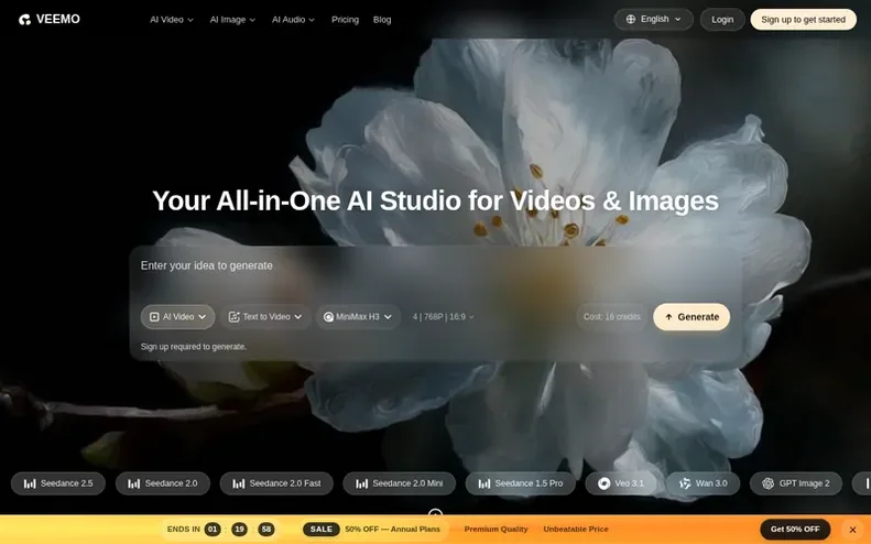 Screenshot of the Veemo AI homepage
