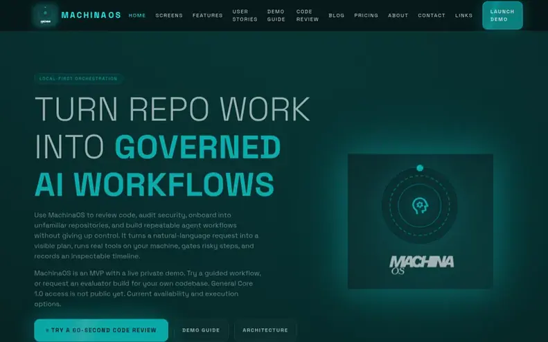 Screenshot of the MachinaOS homepage