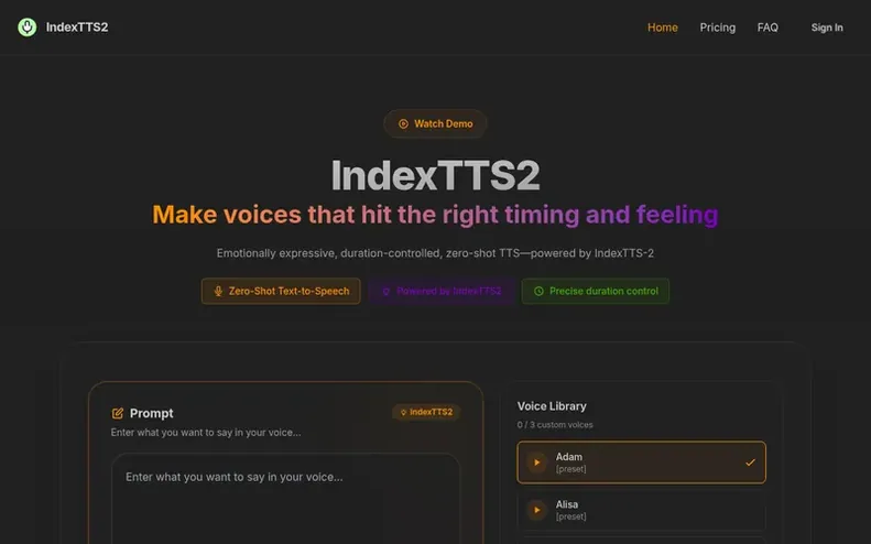 Screenshot of the IndexTTS2 homepage