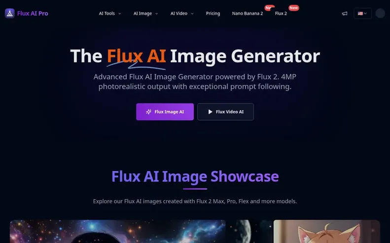 Screenshot of the Flux AI Pro homepage