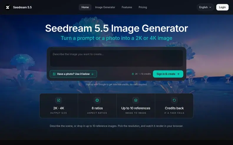 Screenshot of the Seedream 5.5 Image Generator homepage