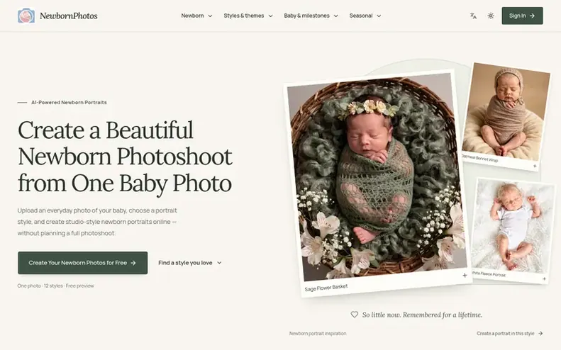 Screenshot of the NewbornPhotos homepage