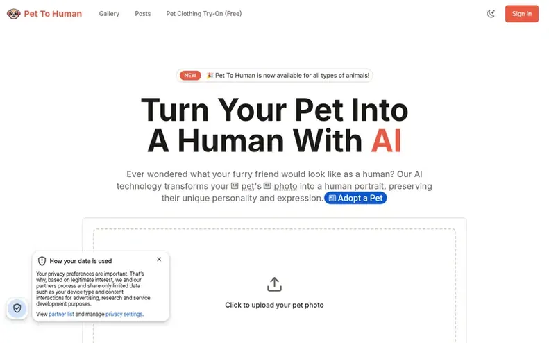 Screenshot of the Pet To Human homepage