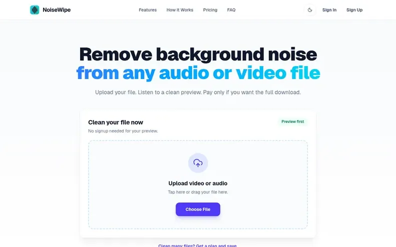 Screenshot of the NoiseWipe homepage
