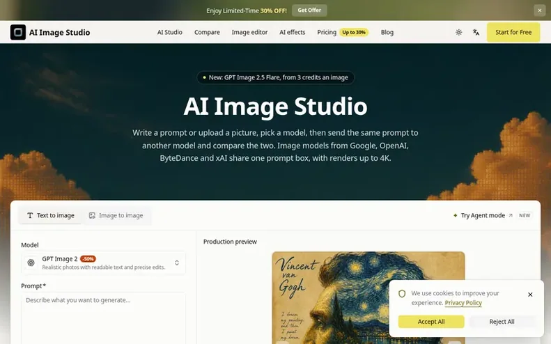 Screenshot of the AI Image Studio homepage