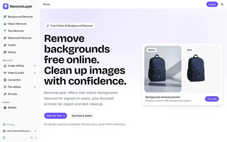 Screenshot of the RemoveLayer homepage