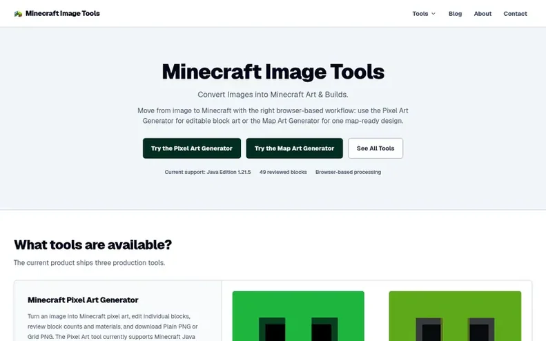 Screenshot of the Minecraft Image Tools homepage