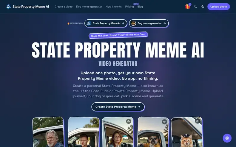 Screenshot of the State Property Meme AI homepage