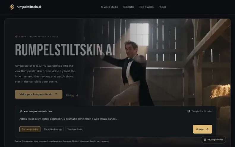 Screenshot of the Rumpelstiltskin AI homepage