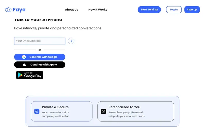 Screenshot of the Faye homepage