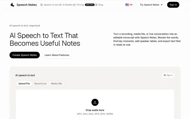 Screenshot of the Speech Notes homepage