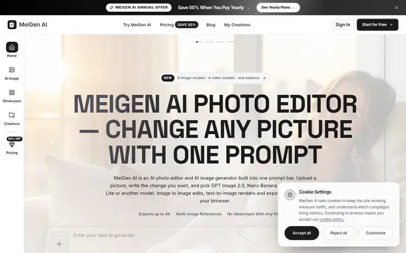 Screenshot of the MeiGen AI homepage