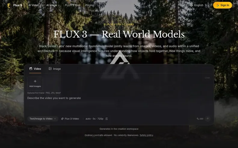 Screenshot of the Flux 3 homepage