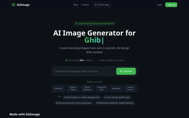 Screenshot of the AI2image homepage