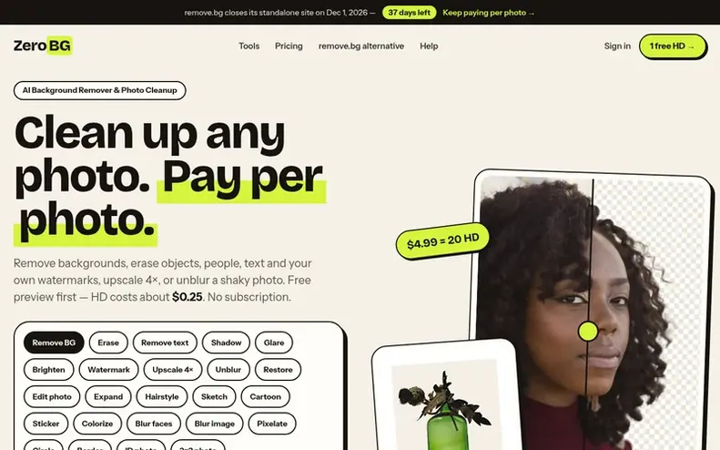 Screenshot of the ZeroBG homepage