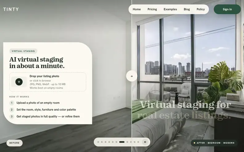 Screenshot of the TINTY homepage