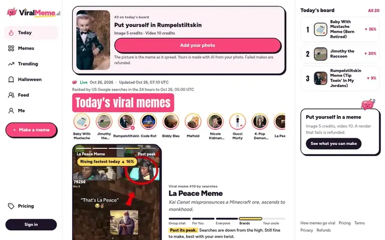 Screenshot of the ViralMeme.ai homepage