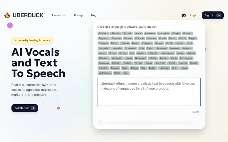 Screenshot of the Uberduck homepage