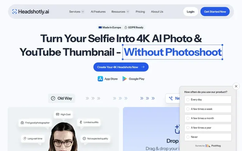 Screenshot of the Headshotly.ai homepage