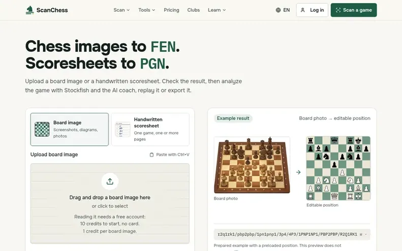 Screenshot of the ScanChess homepage
