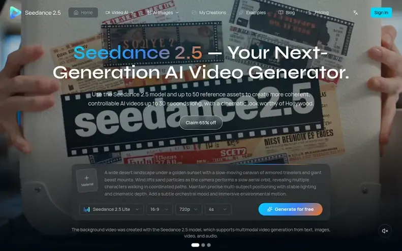 Screenshot of the Seedance 2.5 homepage