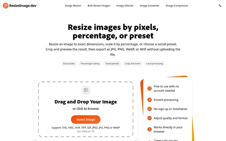 Screenshot of the ResizeImage.dev homepage